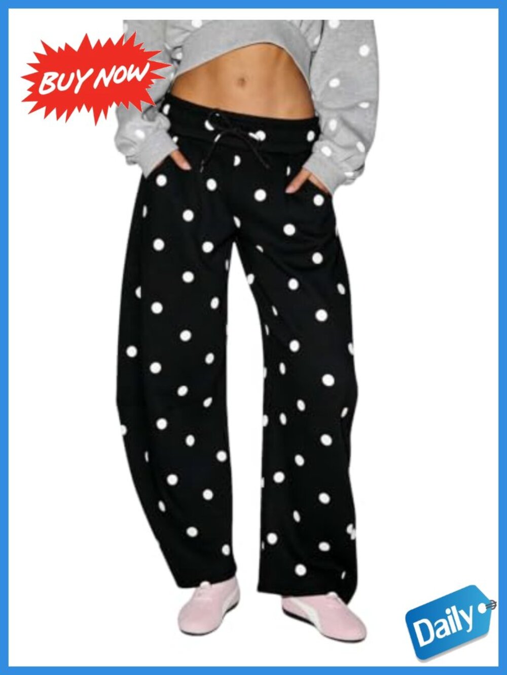 Wide Leg Barrel Sweatpants Polka Dot Drawstring Cotton Polyester